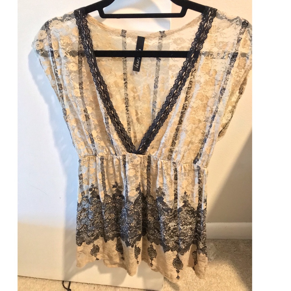 Tan and black lace top